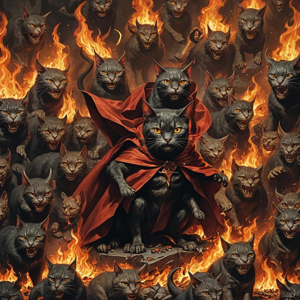 Surreal Devil Cat Surrounded by Hellish Flames and Murals