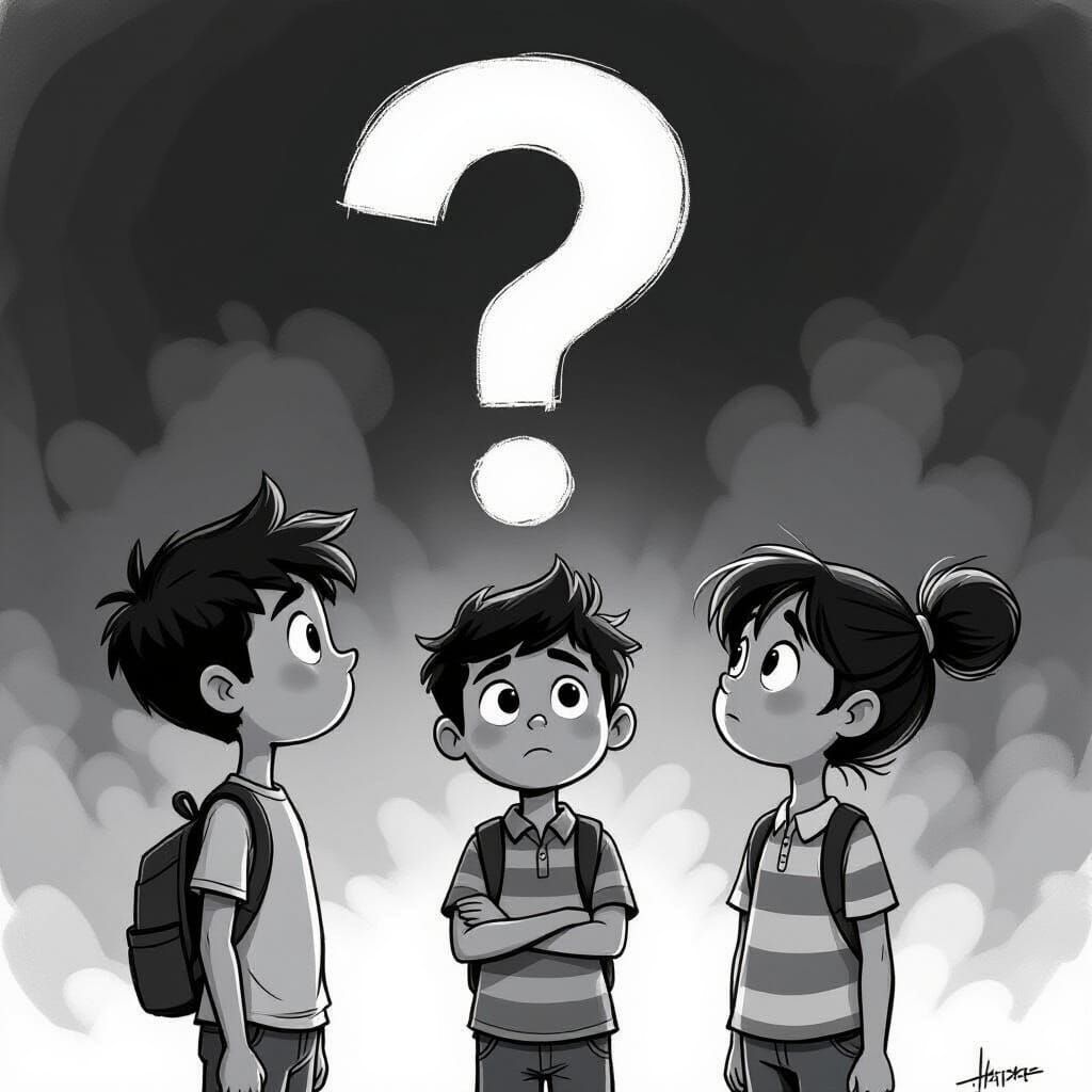 Pixar-Style Sketch: Children and the Question Mark