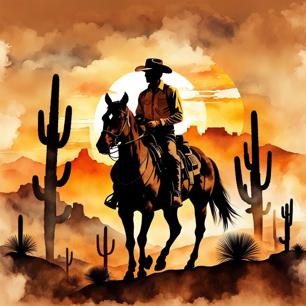 Cowboy Silhouette Against Sunset Desert