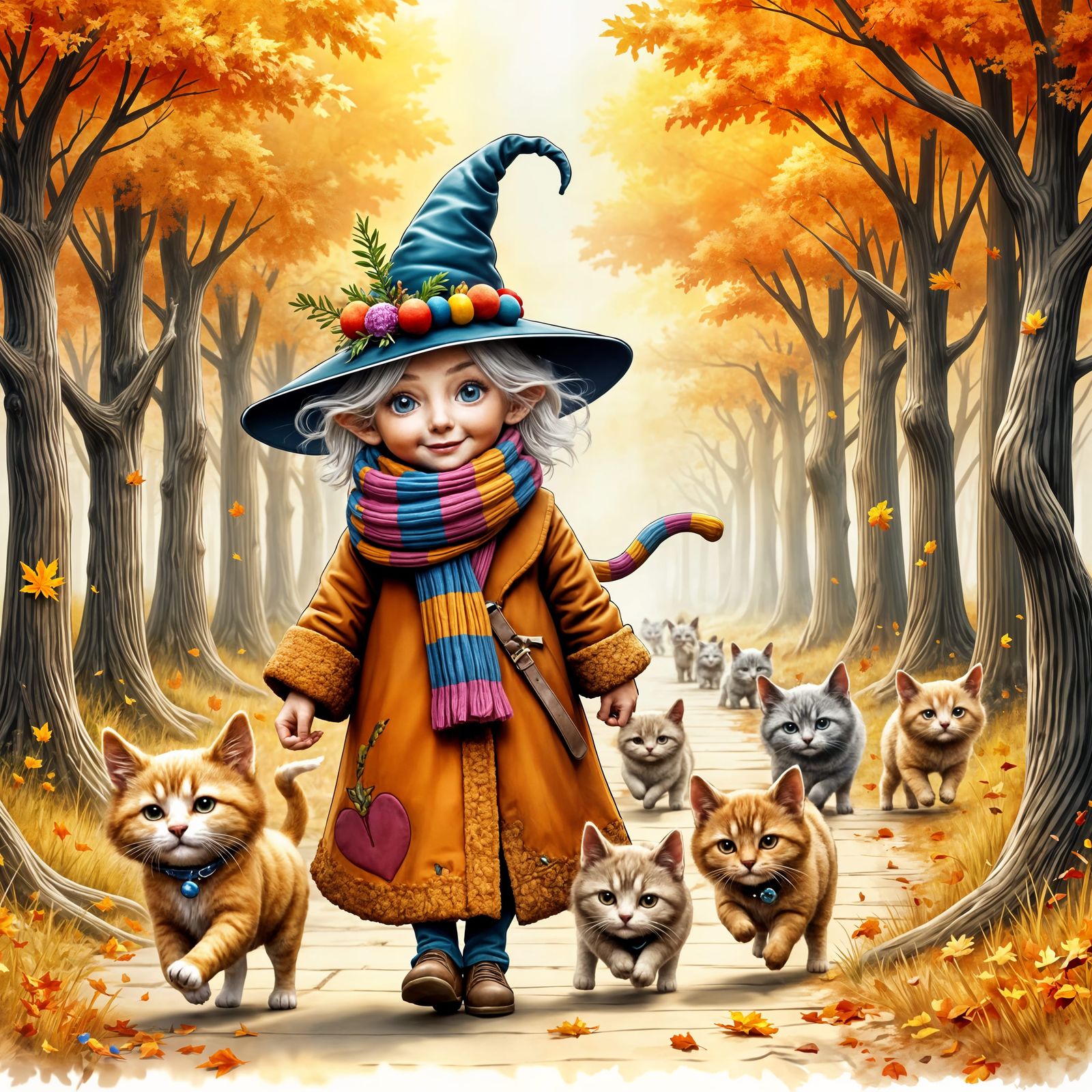 Vintage Lady with Cats in Autumn Lane