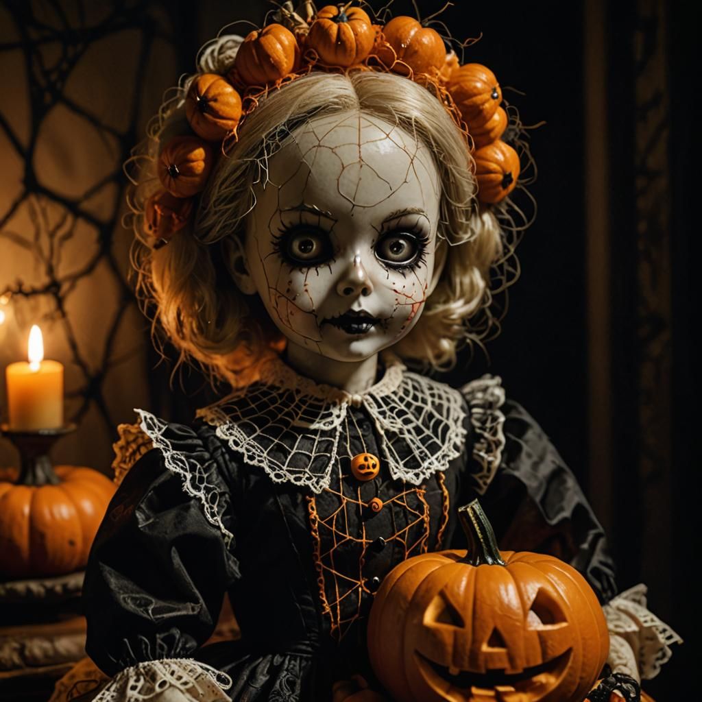 Surrealistic Doll in Halloween Attire Under Flickering Candl...