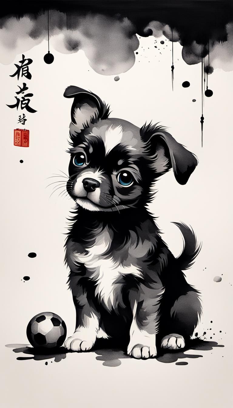 Minimalist Chinese Ink Painting of a Smirking Puppy