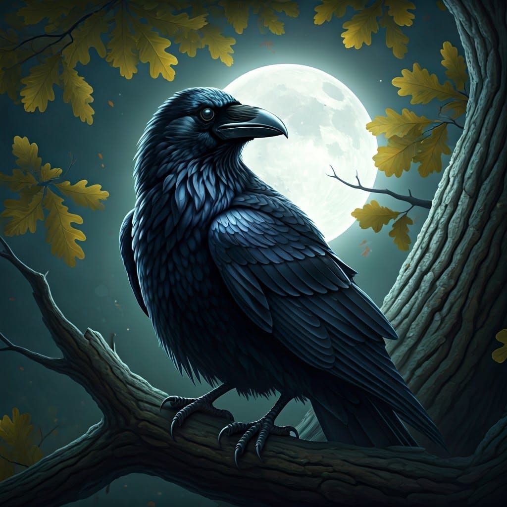 Realistic Raven in Ancient Oak Tree Under Full Moon