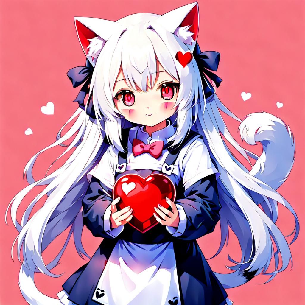 Kawaii Neko Girl Holding Heart in Whimsical Art