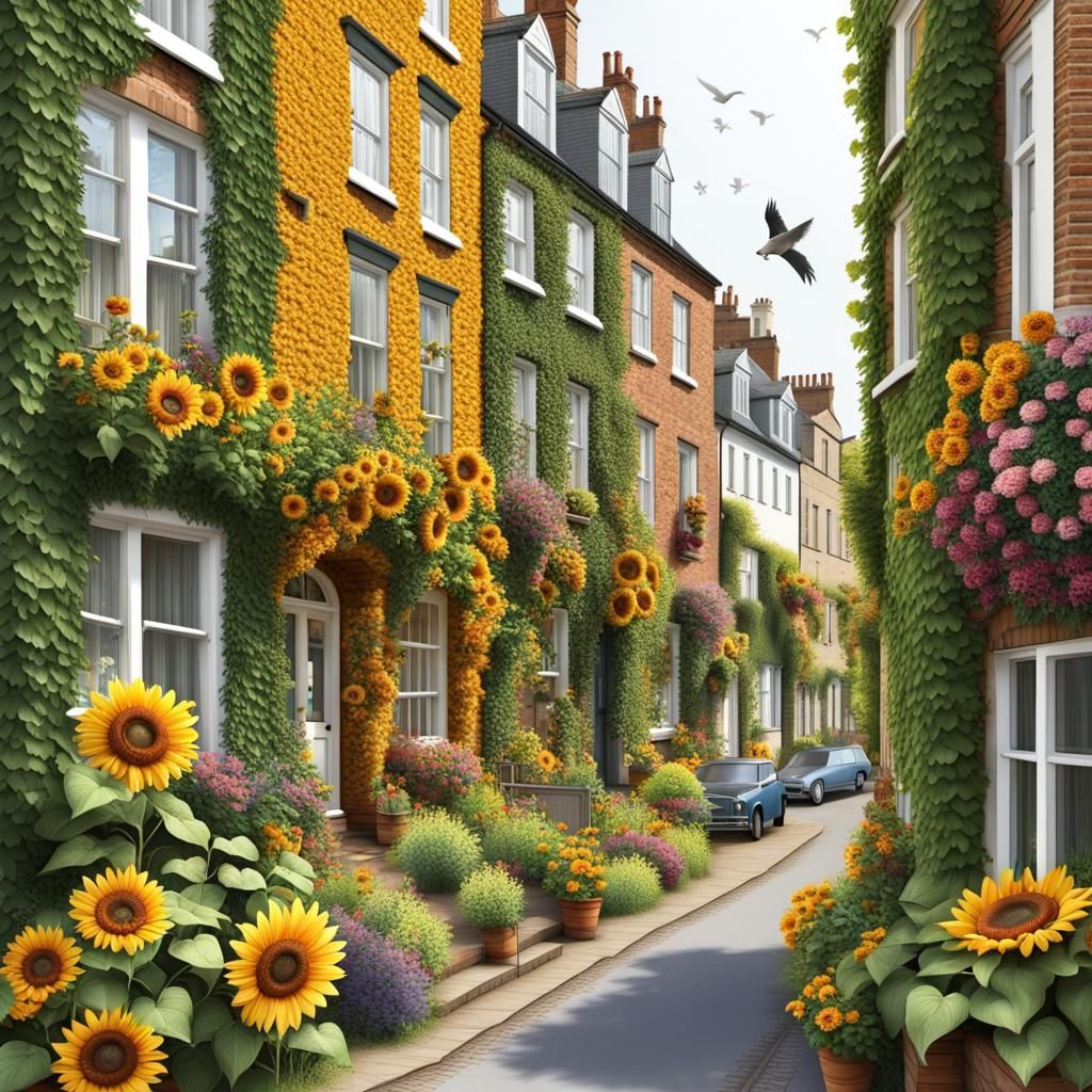 Whimsical Townhouses with Tropical Gardens and Sunflowers