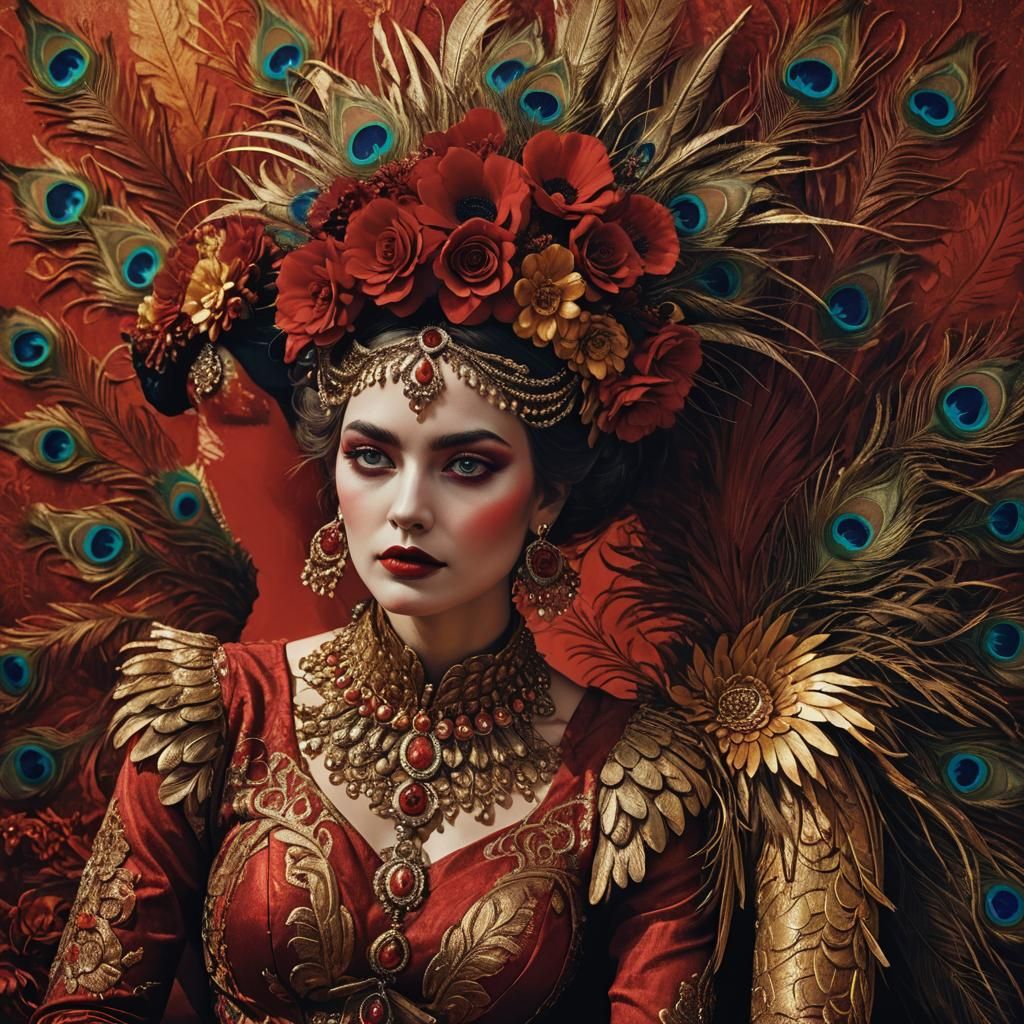 Luxurious Goddesses in Vibrant, High-Contrast Gold and Red