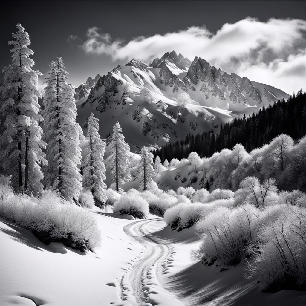 black and white. mountains. trees. snow. ansel adams. infra ...