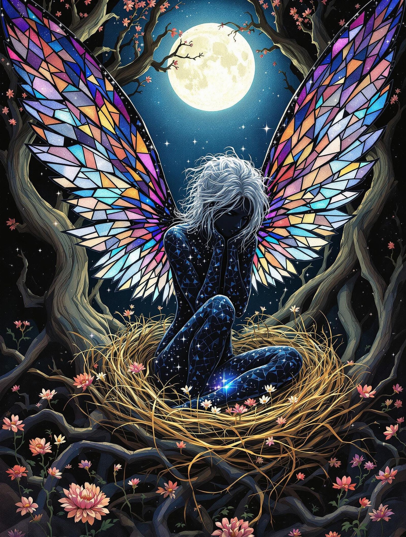 Ethereal Fairy in a Gnarled Nest, Iridescent Ink and Waterco...