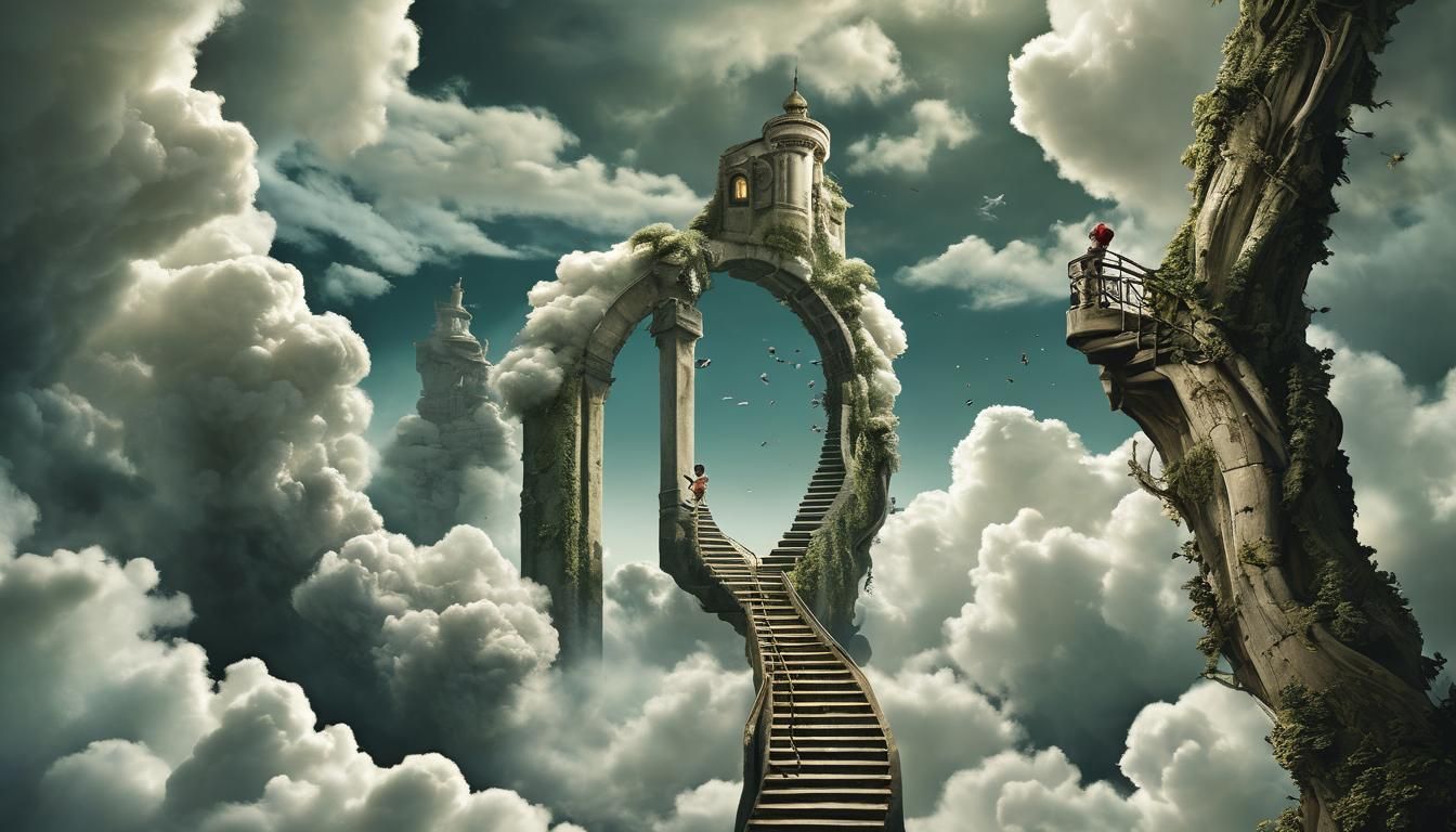 Surreal Boy Ascends Giant Cloud Portal in Epic Artistic Stai...