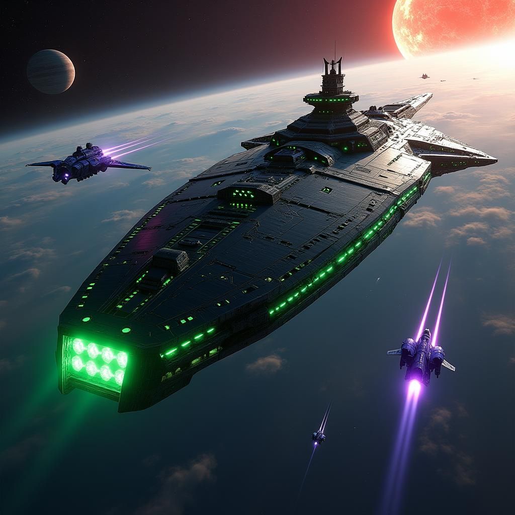 Dreadnought Starship Approaches Futuristic Spaceport