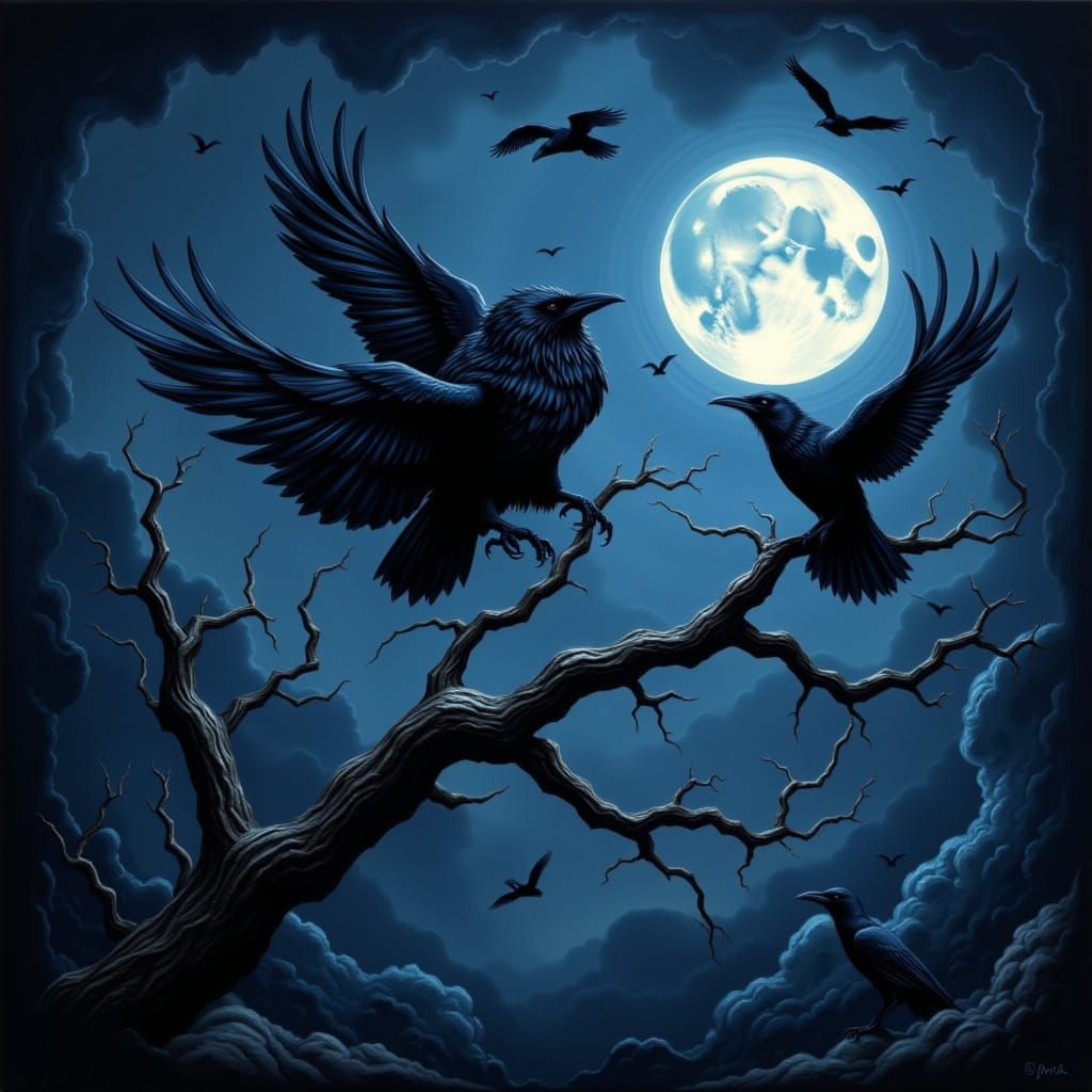 Raven in Flight Under Moonlight