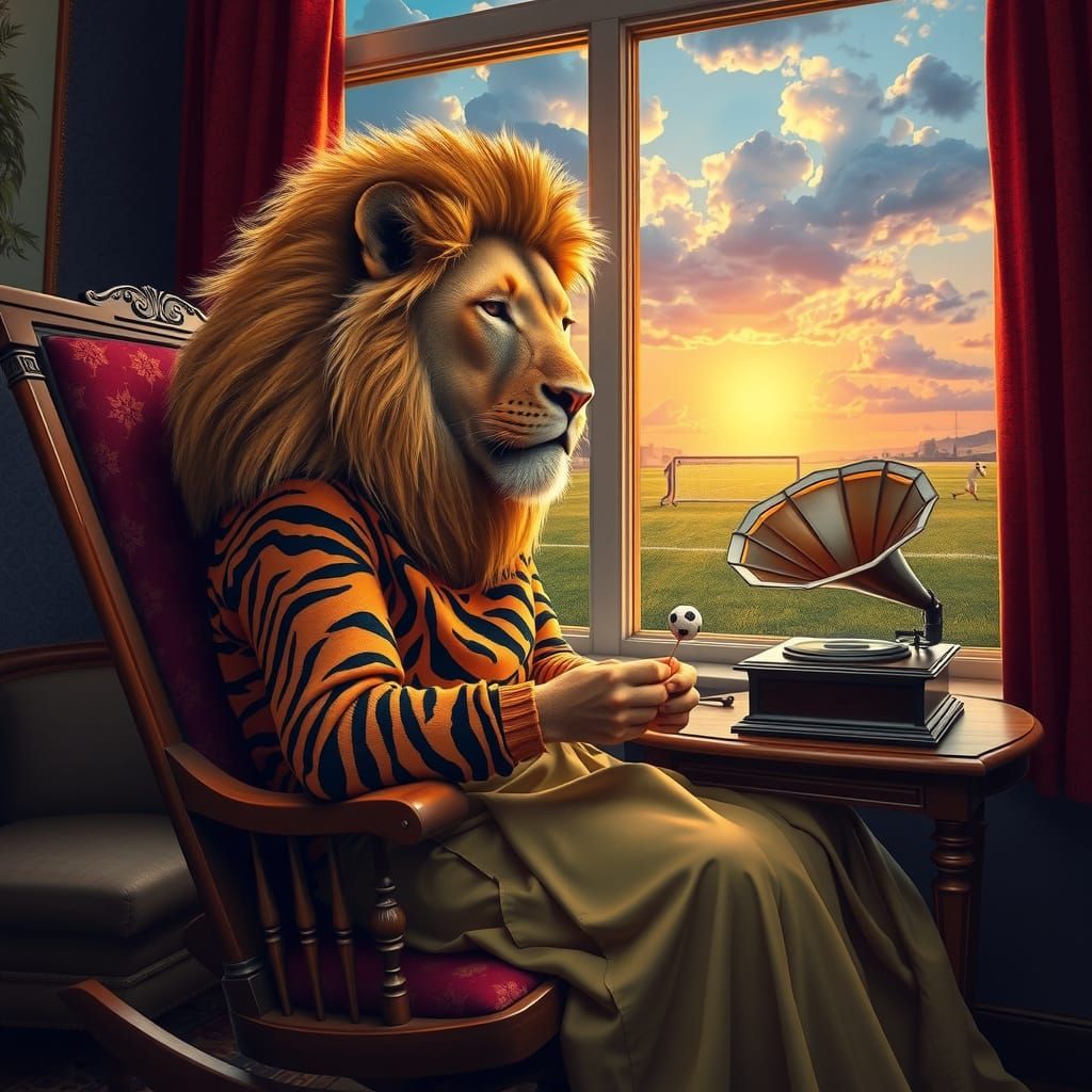 Surreal Lion-Woman Knitting in a Dali-esque Dreamscape