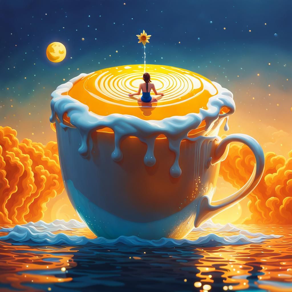 Lady in a Milk Cup, Hyper-Realistic Pixel Art