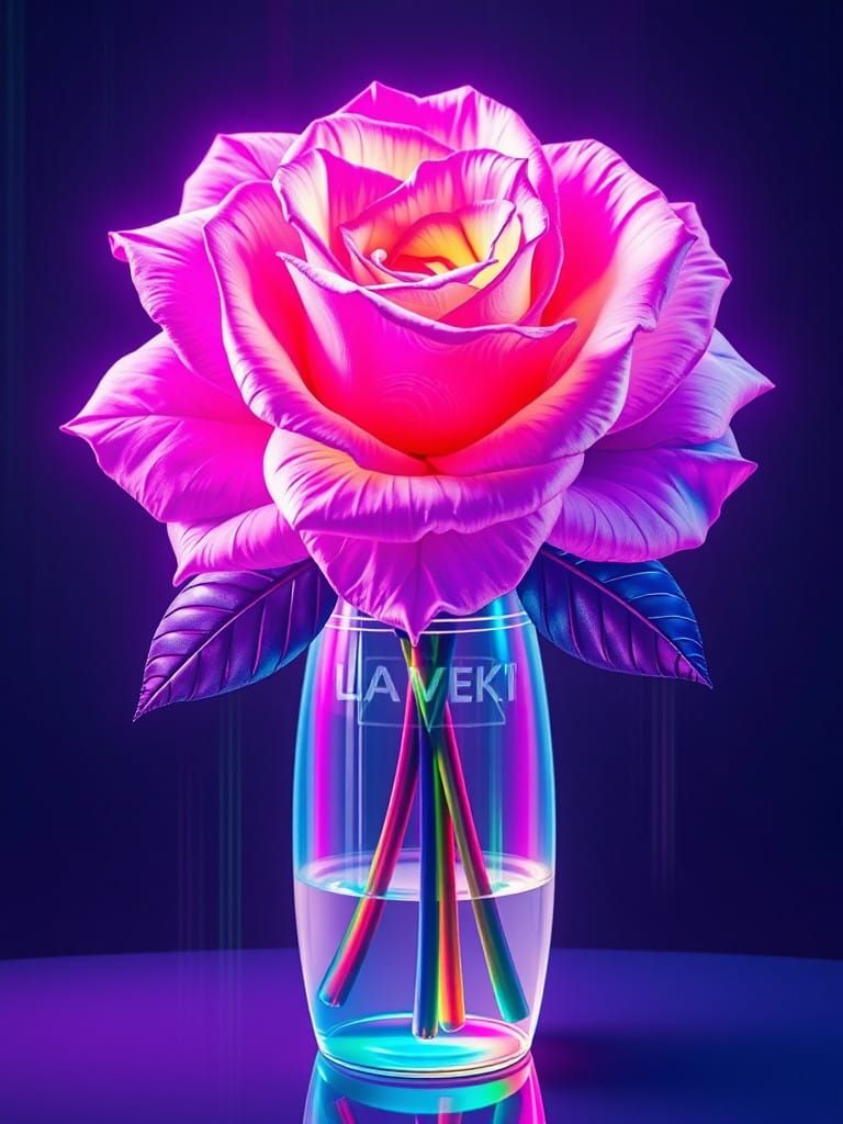 Glitch Rose Bouquet in Holographic Vaporwave Celebration