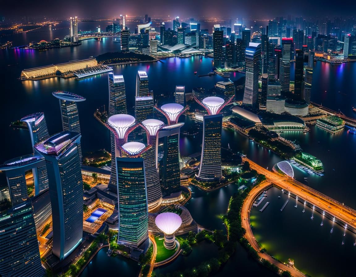 A droneshot of Singapore at night