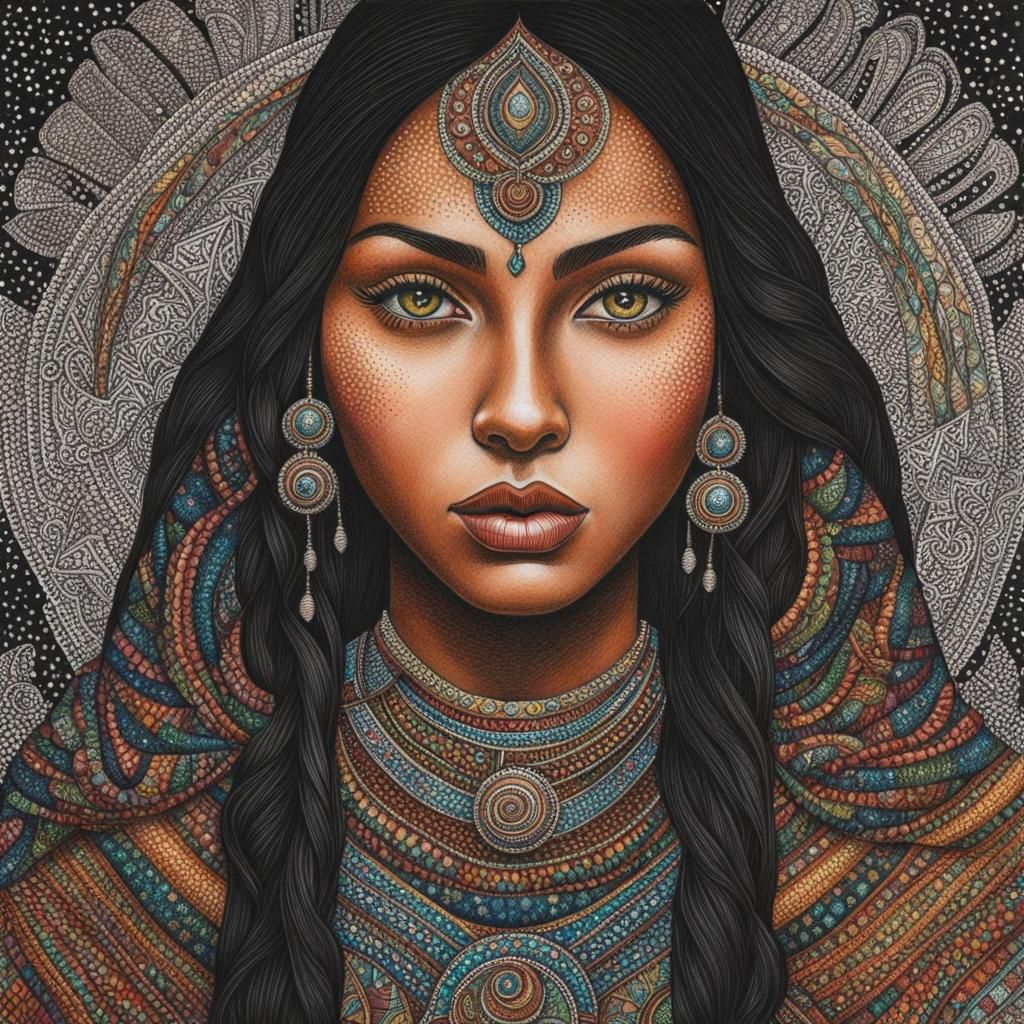 Stylish, Stippled Portrait of a Mysterious Girl with Starry....