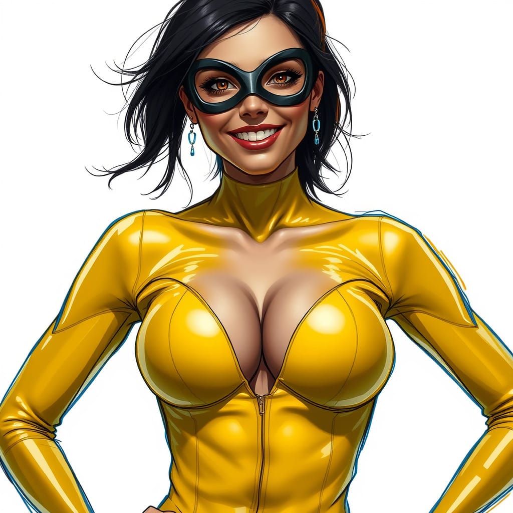 Voluptuous Superhero Concept Art in Bold Yellow Latex Suit