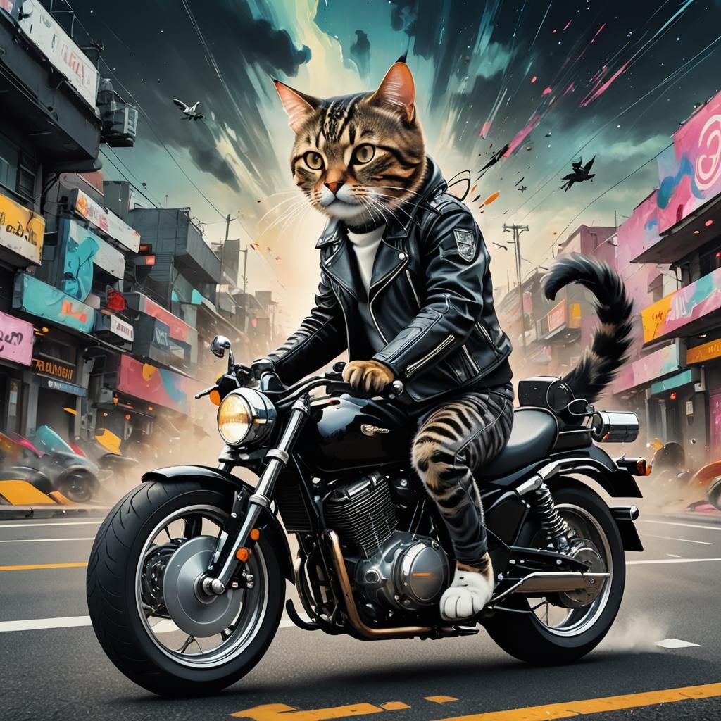 Whimsical Feline Rider Cruises Down Dreamlike Highway in Bla...