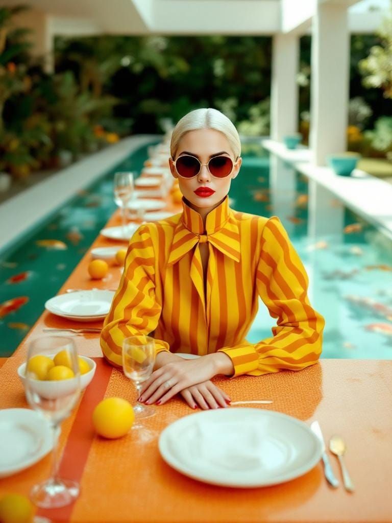 Stylish Woman at Luxurious Dining Table in Retro-Futuristic ...