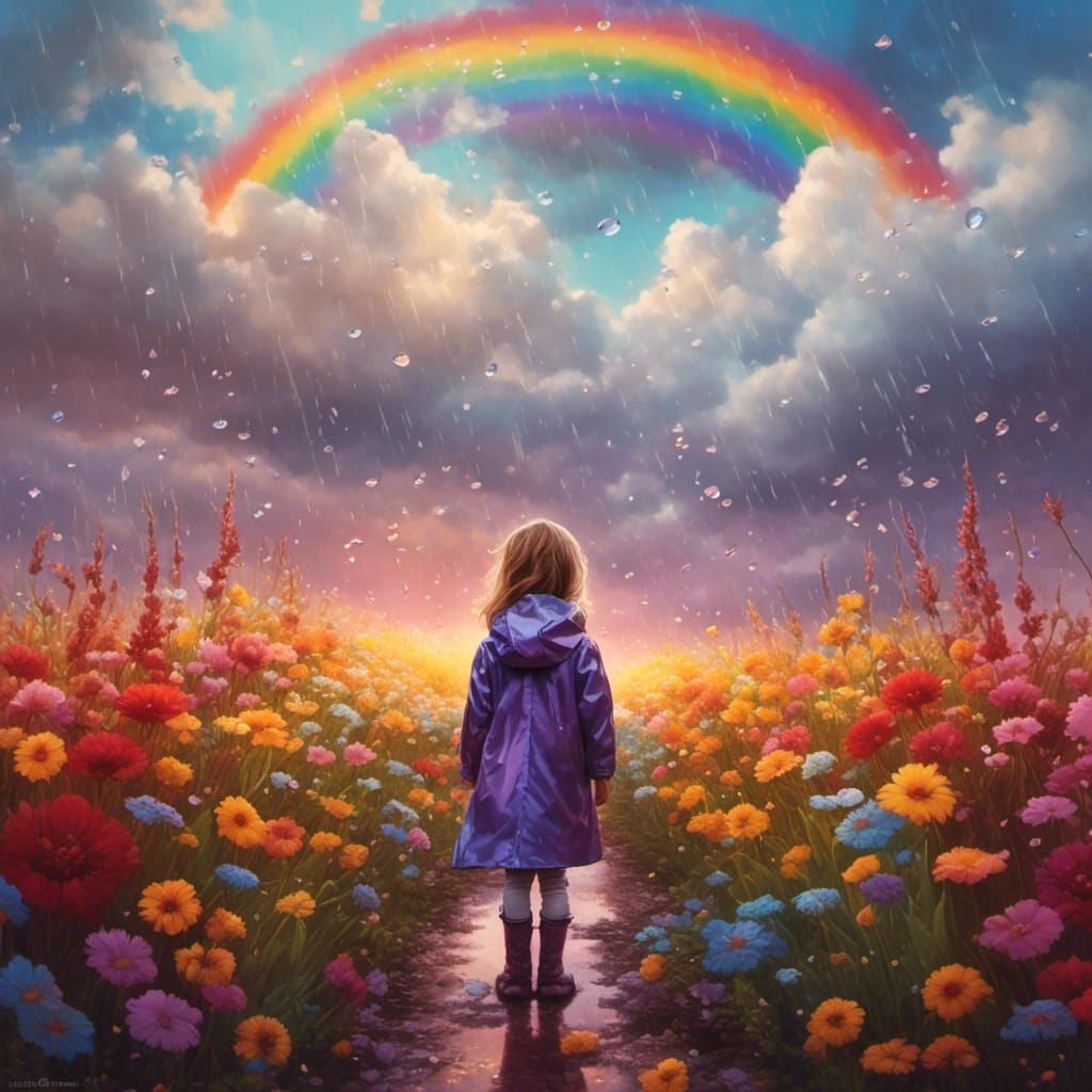 A Young Girl Stands in a Vibrant Flower Field Under a Radian...