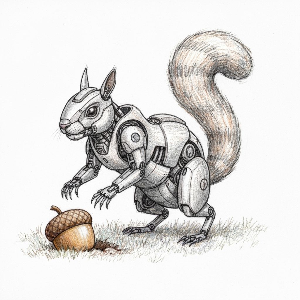 Cyborg Squirrel Digs for Acorn in Pencil Sketch