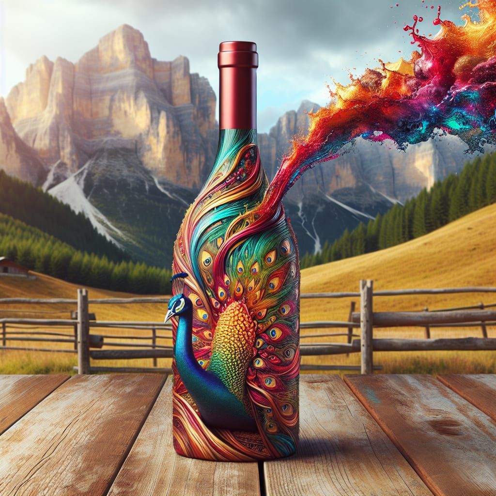 Vibrant Wine in Peacock Glass Bottle on Rustic Mountain Tabl...