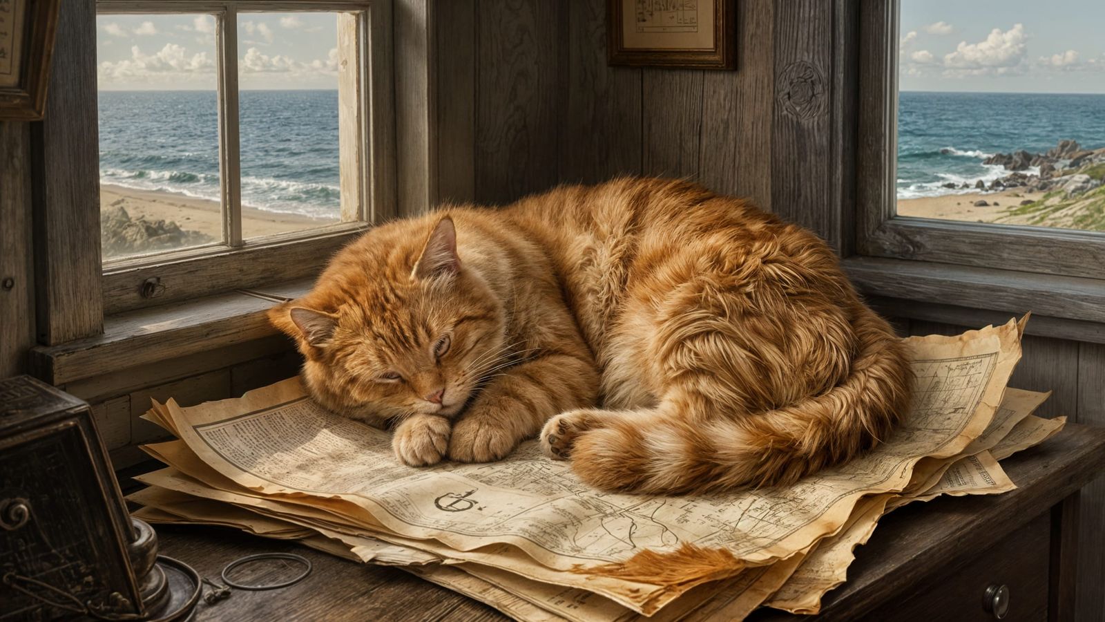 Cozy Lighthouse Cat Asleep on Nautical Charts