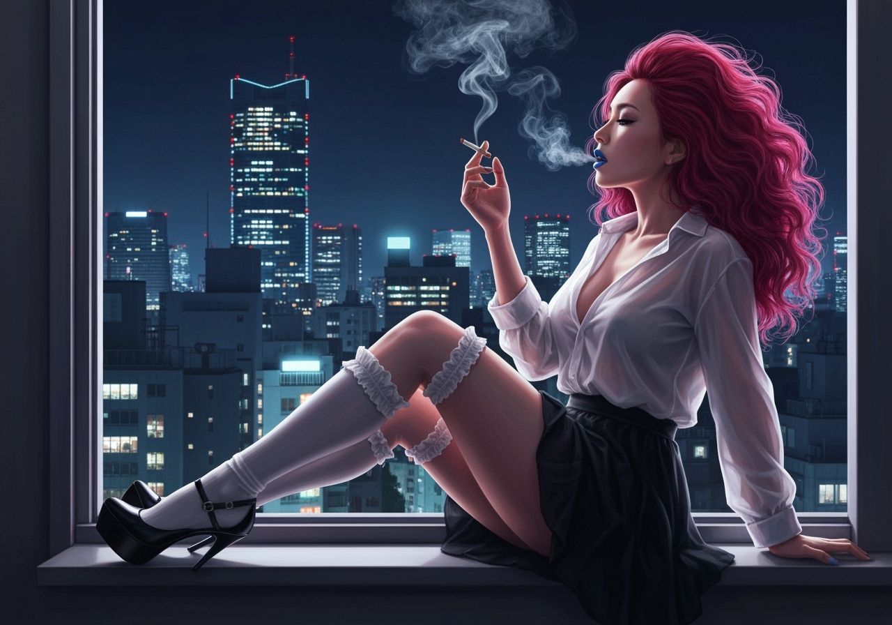 Woman Smoking in Tokyo, Hyperrealistic Splash Art