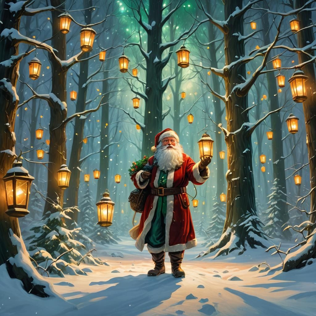 Surreal Santa Claus in a Mystical Winter Wonderland as Oil P...