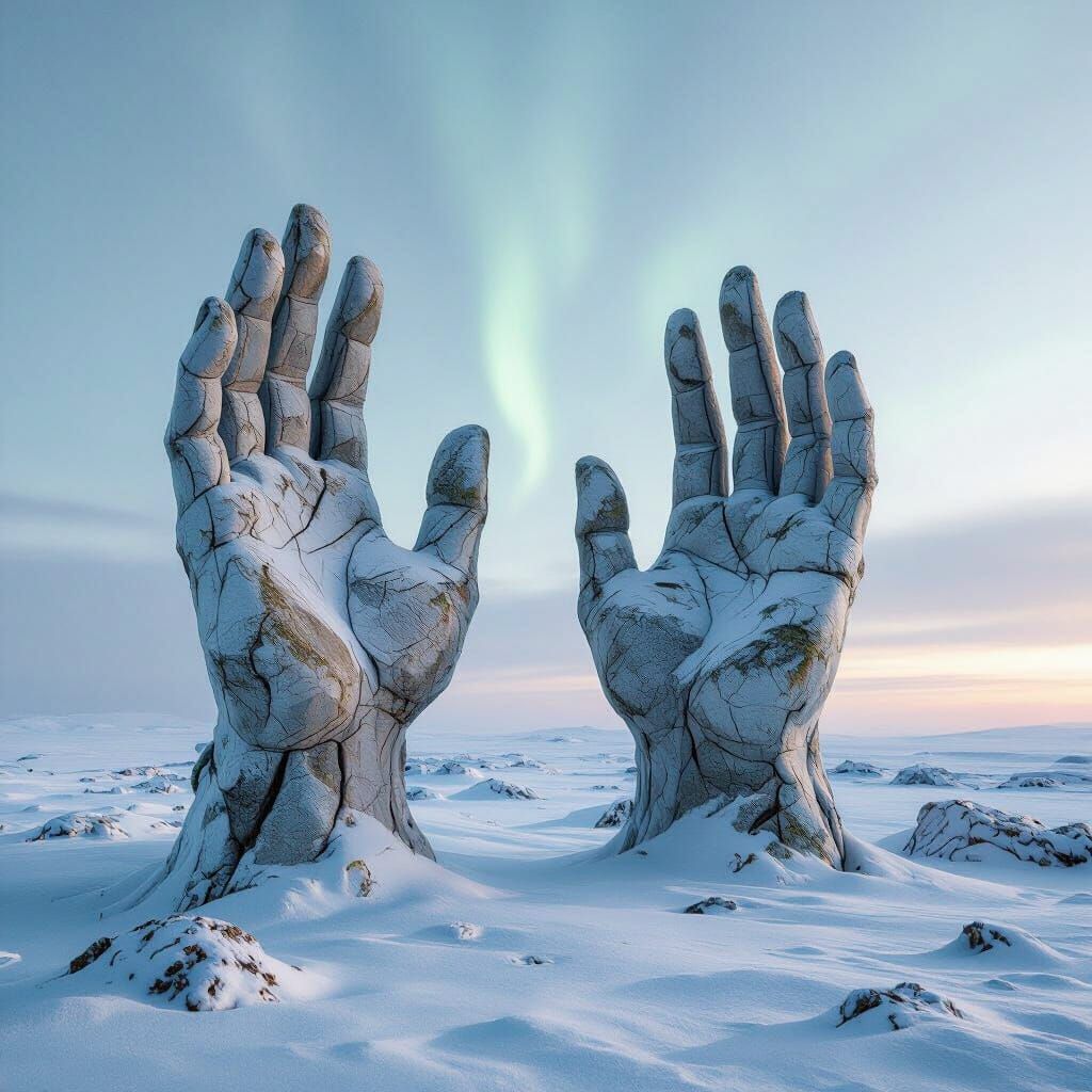Arctic Tundra Hands Sculpture in Surreal Realism