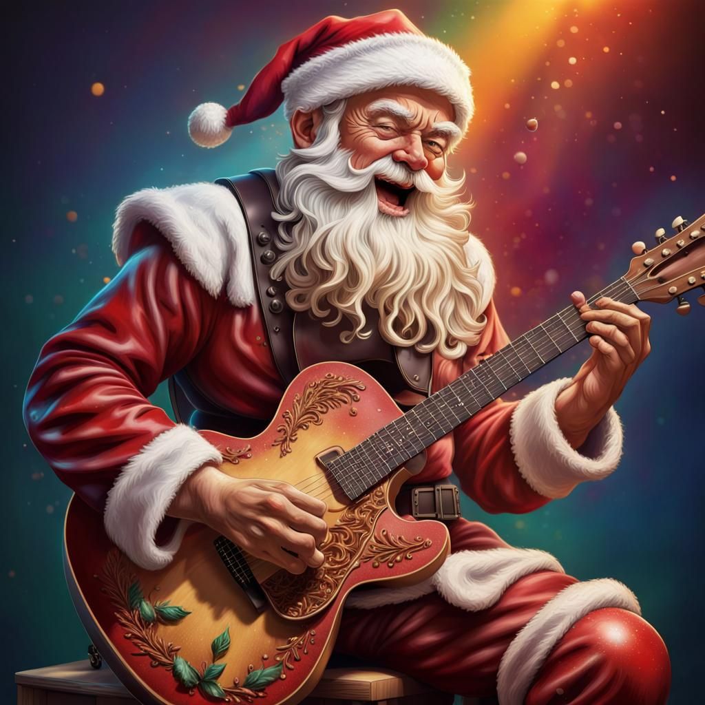 Surreal Santa in Mid Shot Performs on Guitar