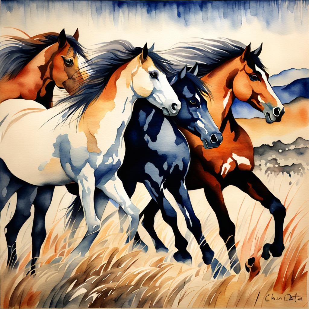 Wild Horses Watercolor in Traditional Woodblock Style