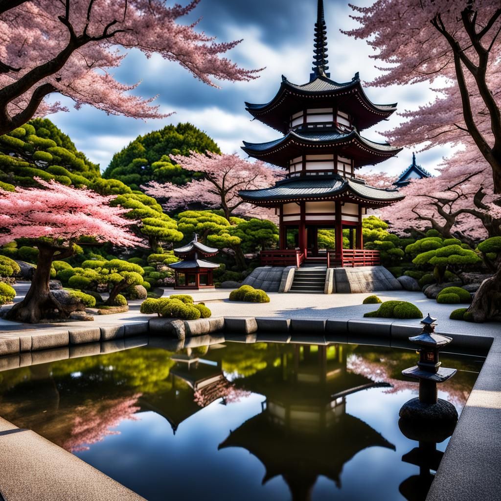 A Hyperrealistic Japanese Garden Scene with Sakura Trees and...