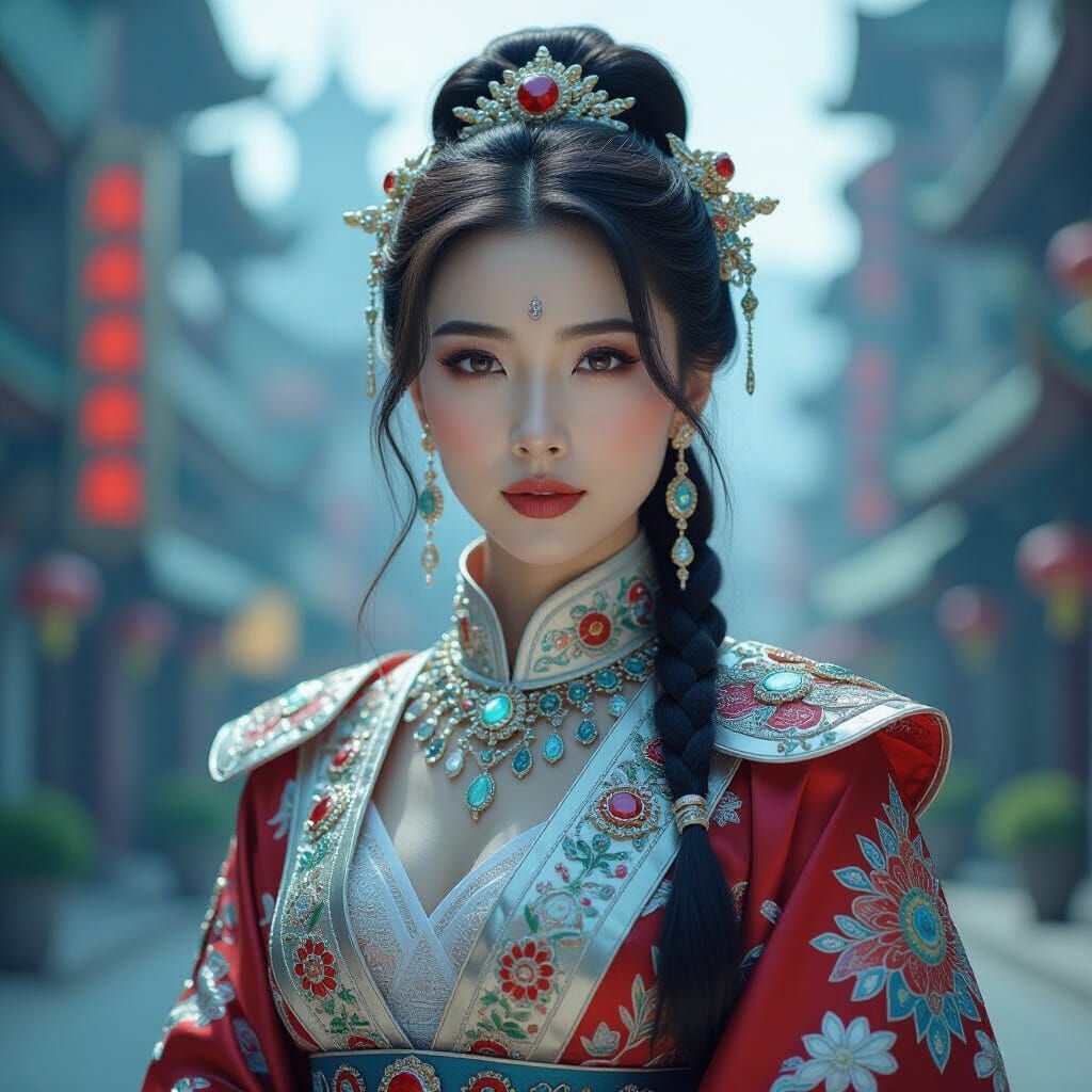 Beautiful Chinese Woman in Gemstone City, Cinematic Portrait