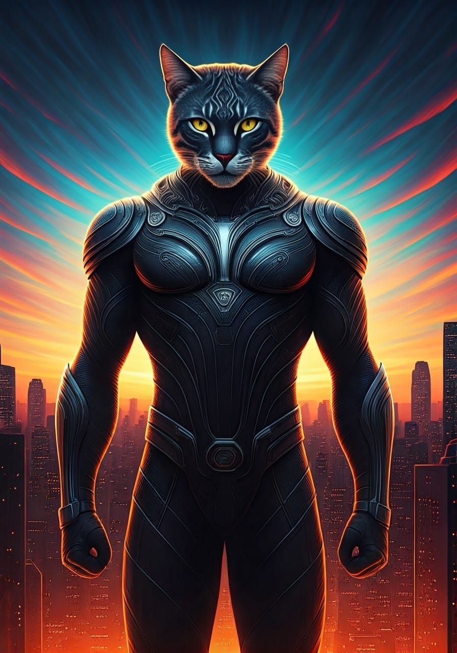 Majestic Feline Superhero in Futuristic Cityscape