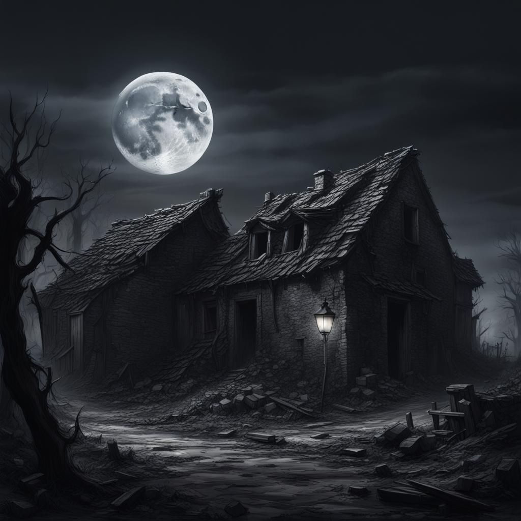 Haunted Ruin Under Moonlit Skies in Hyperrealistic Splash Ar...