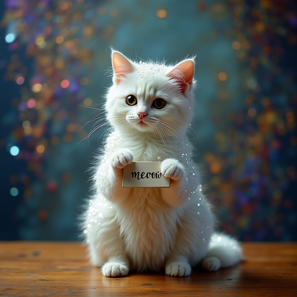 Regal Sequined Cat Sits on Wooden Throne in a Dazzling Sequi...