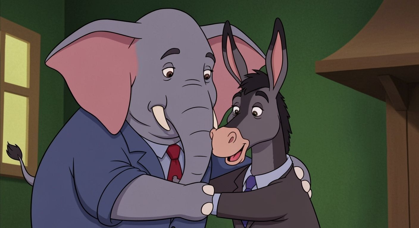 Elephant and Donkey Embrace in 80s/90s Animation Style
