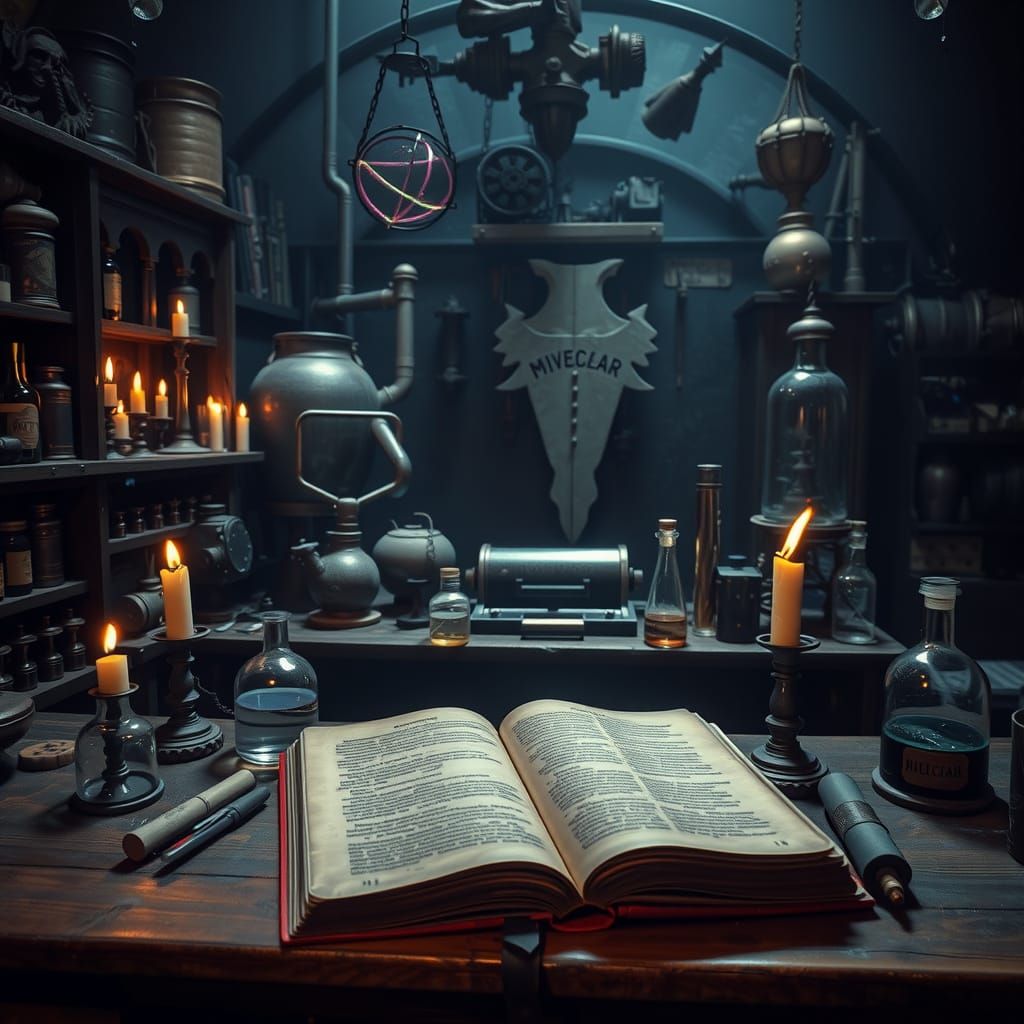 Mystical Lab with Ancient Artifacts and Glowing Potions