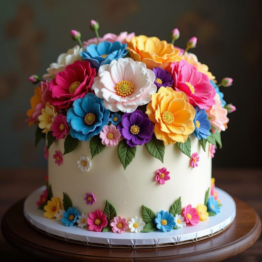 Floral Cake in Whimsical Lowbrow Art Style