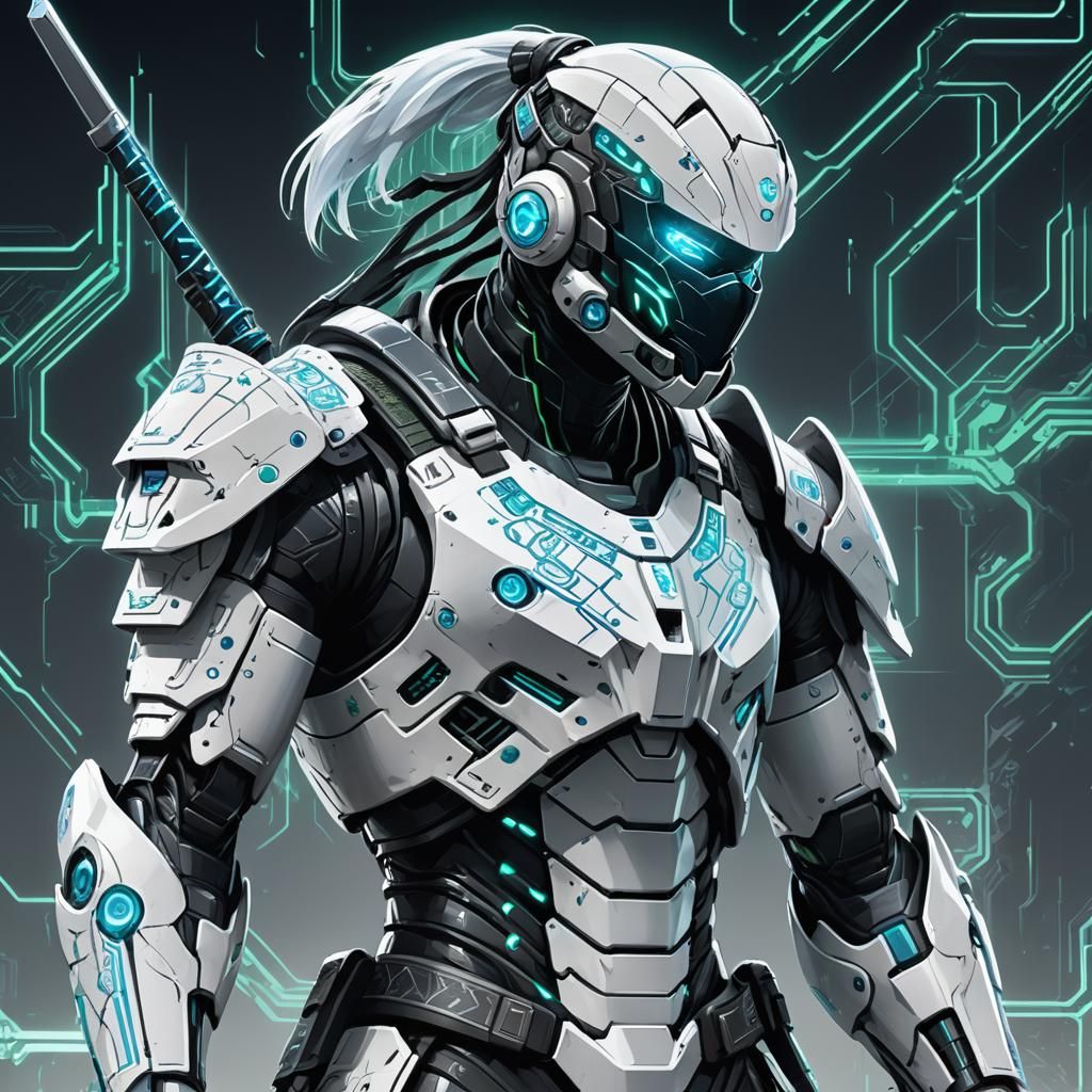 This conceptual design features a detailed drawing of an android white ninja, fully helmeted, in profile, with a dark an...