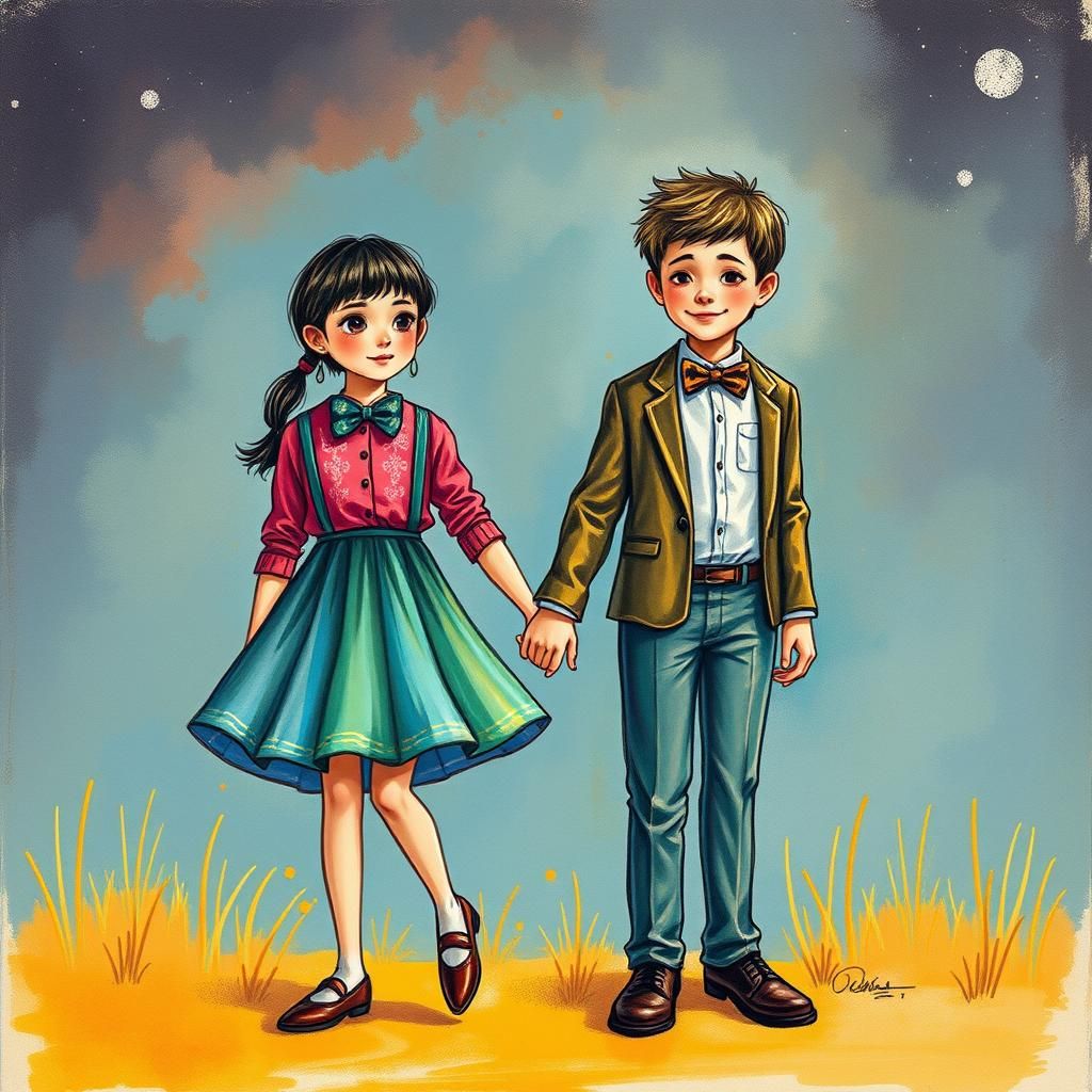 Whimsical Childhood Friends in Vibrant, Dreamlike Scene