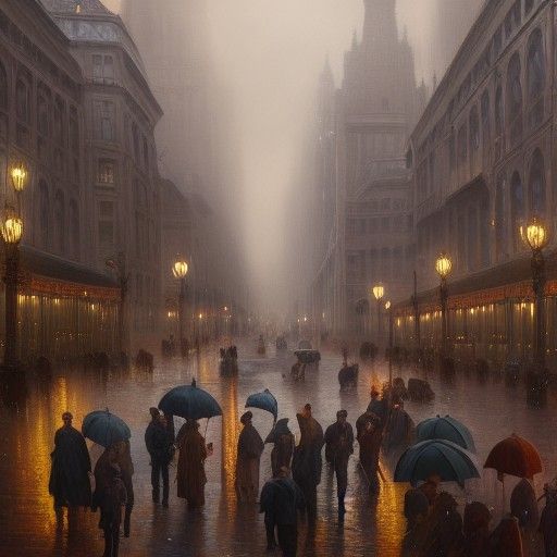 Elegant Victorian Crowd Faces a Gusty Beaux-Arts City Street...