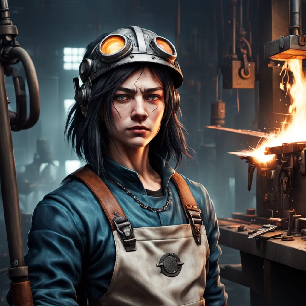 Cyberpunk Blacksmith in Futuristic Workshop