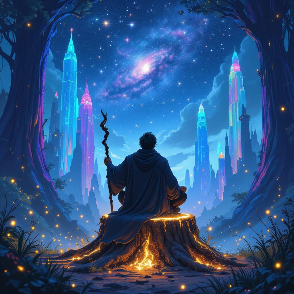 Mystical Man Contemplates Galaxy in Magic Forest