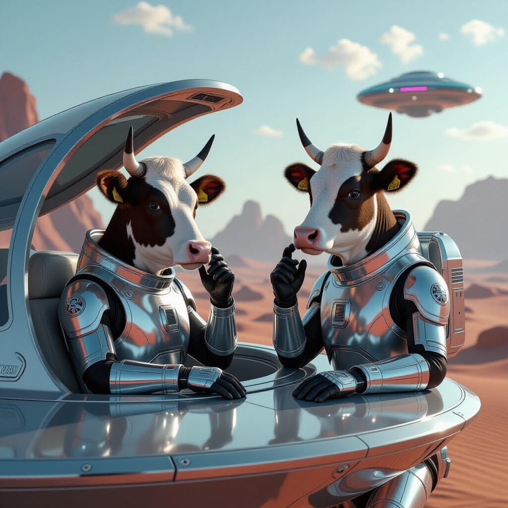 Cow in UFO Talking to Aliens in Retro Sci-Fi