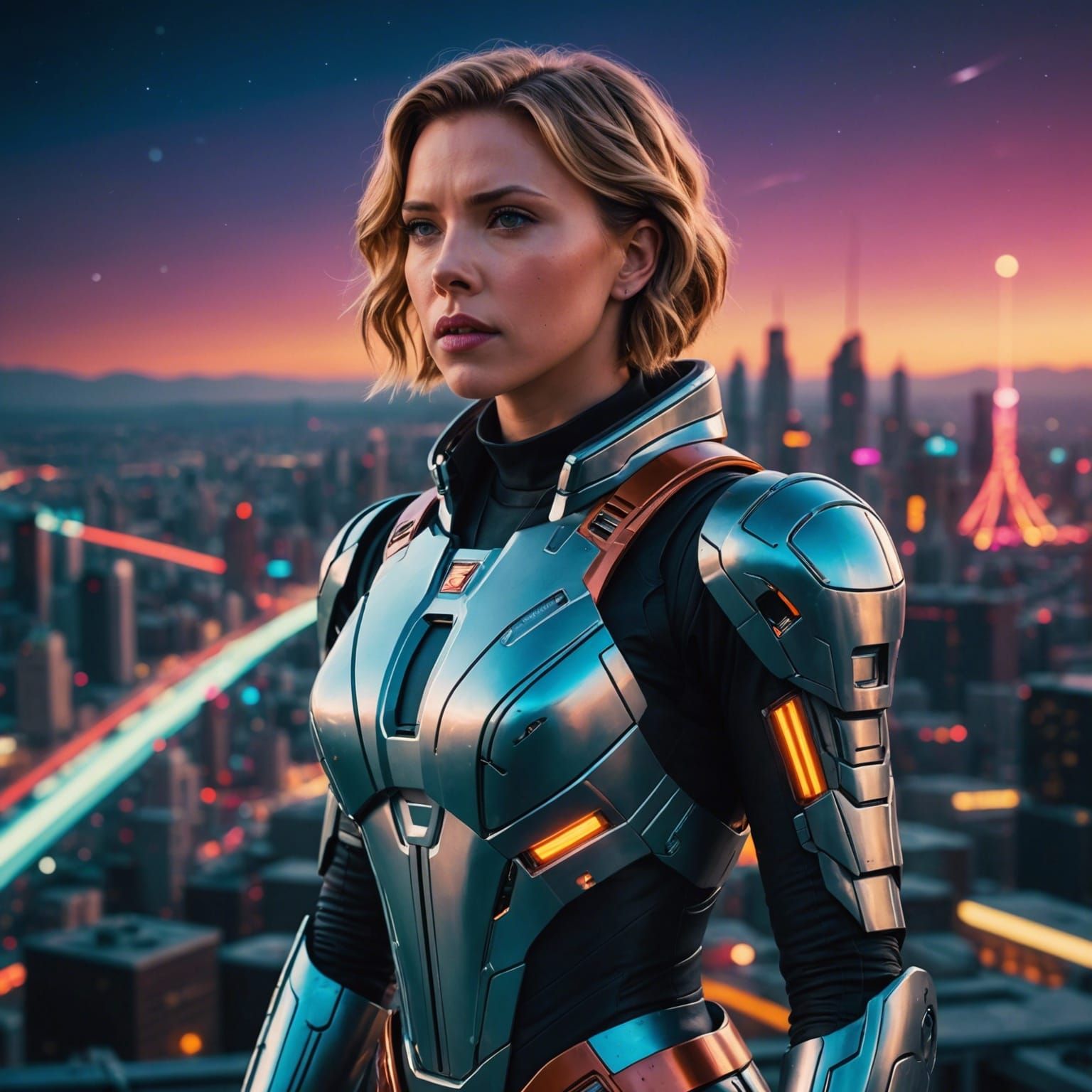 Galactic Glamour: Envision a stunning image of Scarlett Johansson dressed in a futuristic space suit, standing on a dist...