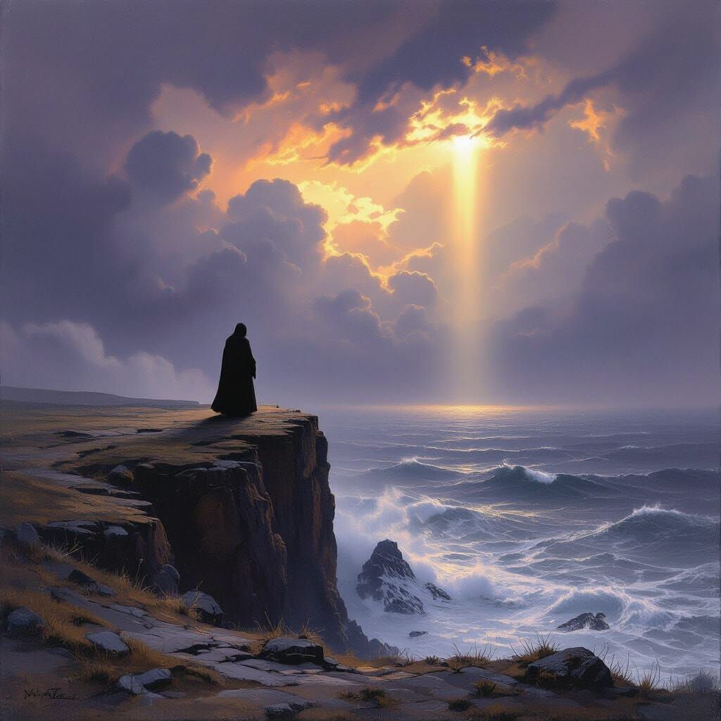 Franciscan Monk on Windswept Cliff Overlooking Turbulent Sea