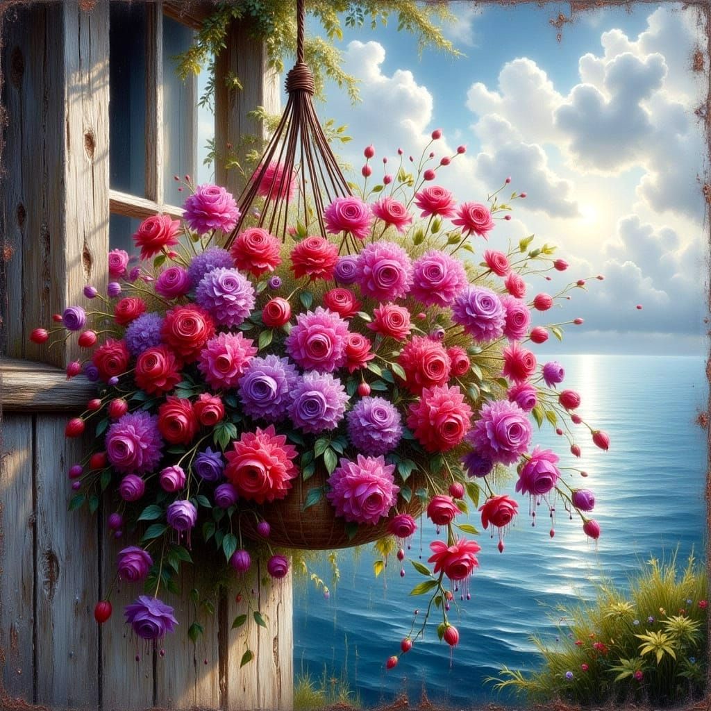 Lush Fuchsia Hanging Basket, Impasto Oil Painting