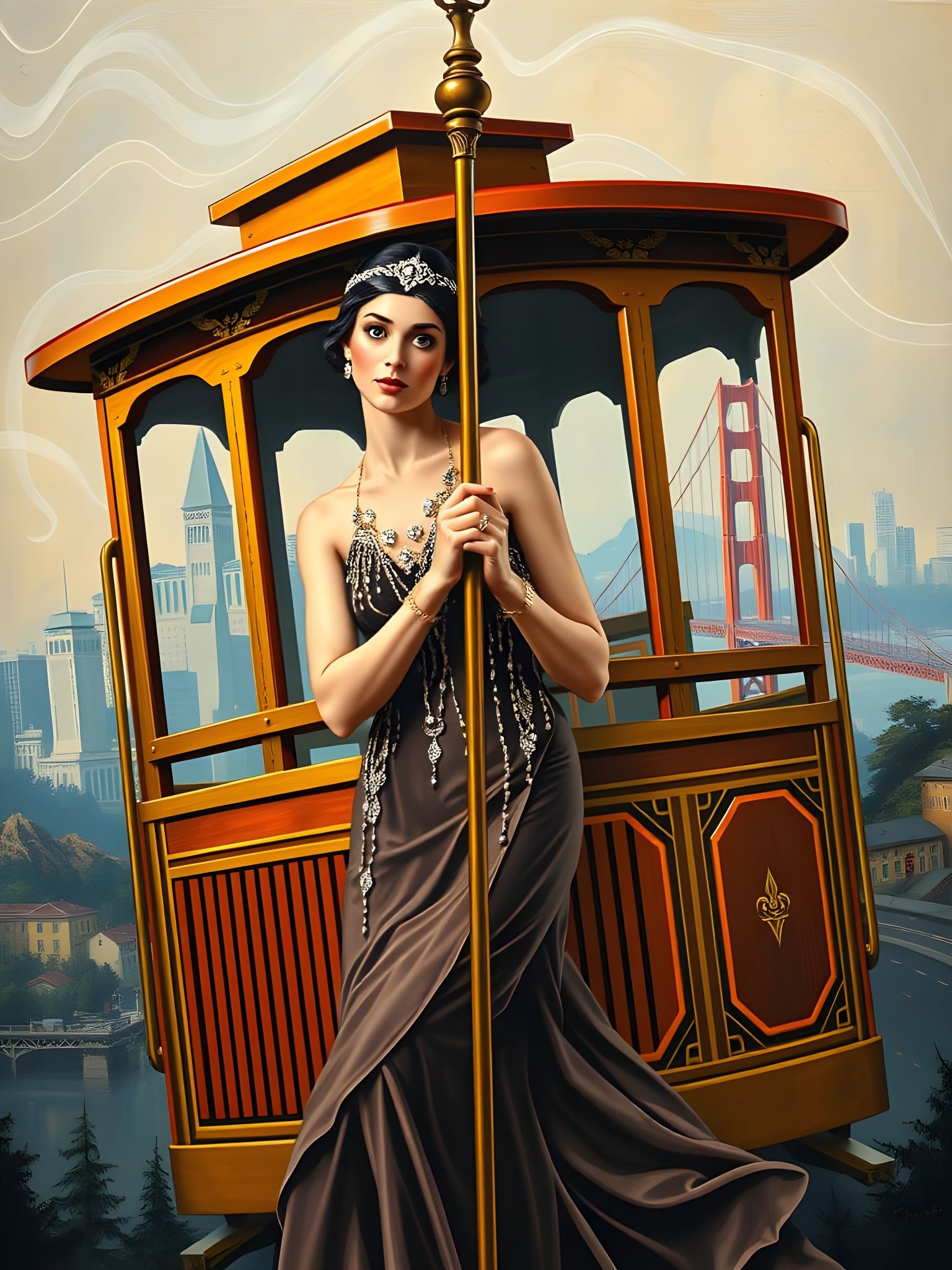 Elegant Woman in Art Deco Cable Car Surrealism